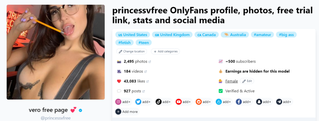 Free OnlyFans Without Credit Card @princessvfree Fansmetric Page screenshot