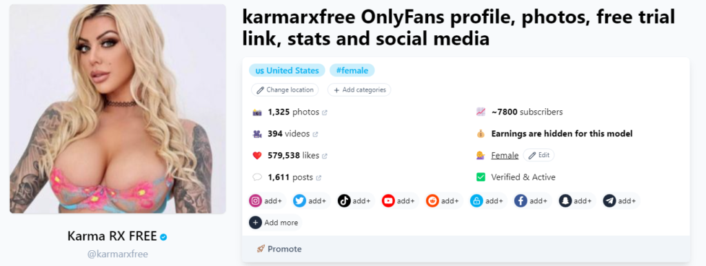 Free OnlyFans Without Credit Card @karmarxfree Fansmetric Page screenshot